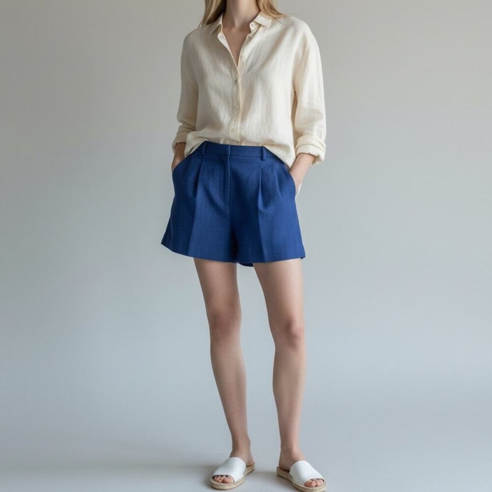 J. Crew Pleated Chino Shorts NWT Women's Sz 0 Blue Textured Cotton Piqué